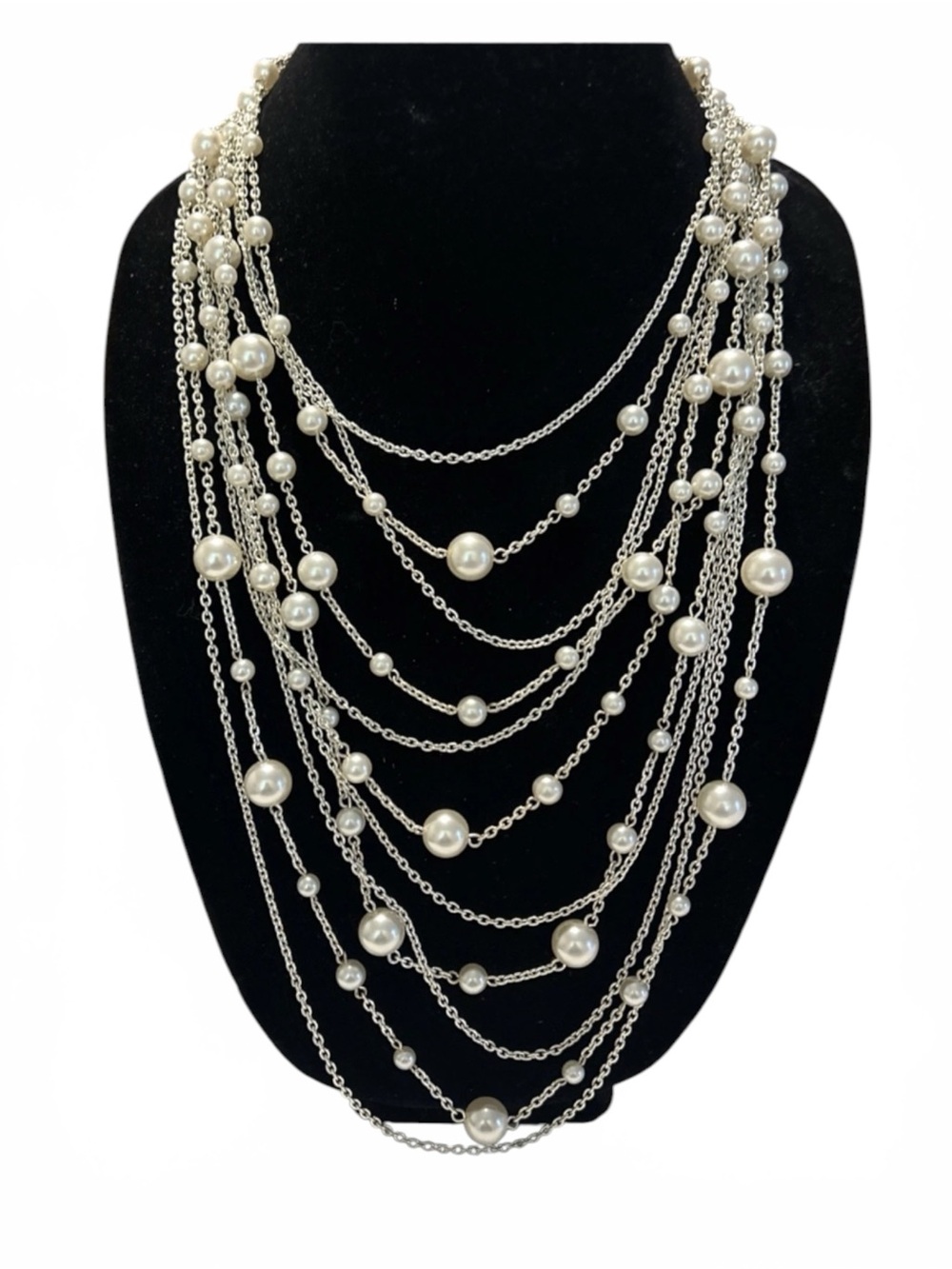 White House Black Market Multi-Strand Pearl & Silver Chain Necklace